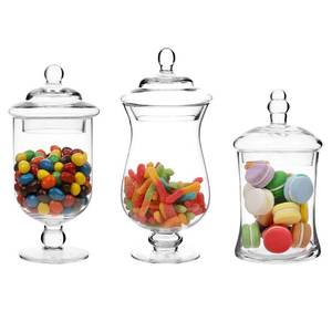 lot 9428 image: MyGift Clear Glass Apothecary Jars with Lid, Decorative Footed Vase, Candy Buffet Containers, Set of 3