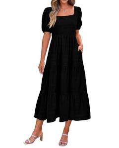 lot 10151 image: PRETTYGARDEN Women Summer Dresses 2025 Casual Puff Sleeve Square Neck Smocked Loose Fit Solid Color Wedding Prom Dress(Black,Large)