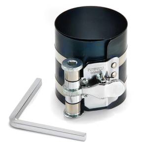 lot 10167 image: Powerbuilt Piston Ring Compressor, 2 Inch to 5 Inch Diameter, Compress Pistons, Ratcheting Lock, Release Lever, Slide into Cylinder - 648433, Silver