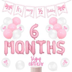 lot 10188 image: Merrystorm Half Birthday Decorations - Pink Gingham Banner Bow, Balloons, Cake Topper for Girls 6 Month Party Supplies