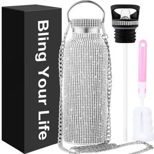 lot 10193 image: Bling Water Bottle Rhinestone,Diamond Water Bottle,Glitter Rhinestones Stainless Steel Thermal Bottle,Bling Cup for Women Girls,Bling Tumblers with 2 Style lids and 55in Chain (Silver)