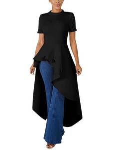 lot 10209 image: Lrady Women Ruffle High Low Asymmetrical Short Sleeve Peplum Tops Blouse Shirt Dress Black M