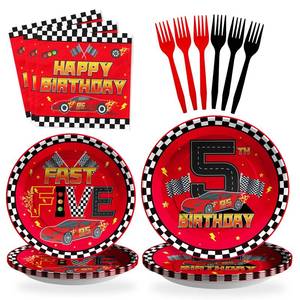 lot 10215 image: Grencian 96Pcs Red Race Car 5th Birthday Party Decorations Supplies Hot Car Plates and Napkins Racing Themed Disposable Tableware Set for 5 years old Boys Transportation Birthday Party Serve 24