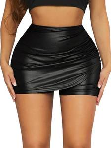 lot 10270 image: WDIRARA Womens Ruched Elastic Waist Pu Leather Wrap Asymmetrical Hem Skinny Skort Party Club Shorts Black M