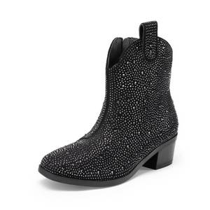 lot 12033 image: DREAM PAIRS Girls Cowgirl Cowboy Rhinestone Boots Ankle Low Heel Dress Booties,Size 11 Little Kid,Black,SDBO2407K