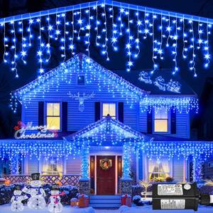 lot 12034 image: Icicle lights Outdoor - 66ft Christmas Lights with 640LED 120 Drops 8 Modes, Plug in Curtain String Lights Waterproof for Holiday Wedding Party Home Garden Bedroom Indoor Outdoor Decoration, Blue