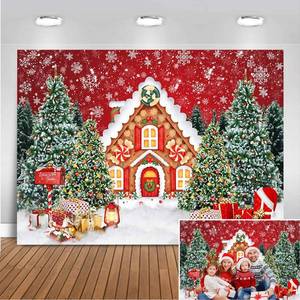 lot 12040 image: Mocsicka 10x7ft Christmas Backdrop - Red Gingerbread Candy House Party Decorations - Kids Winter Xmas Tree Snowflake Photo Background Booth Props
