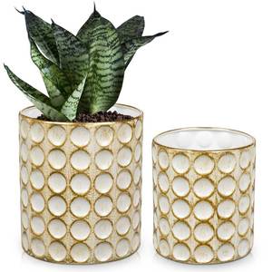 lot 15252 image: DILATATA 6 Inch5 Inch Rustic Metal Vase Flower Pot with Dot Texture Vintage Gold and White Metal Planter Multi-Use Container for Flower Planter Succulent Plant Container-Set of 2
