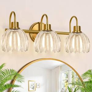 lot 3370 image: Meybiok Bathroom Vanity Light (3-Light, 20 in), Brushed Gold Vanity Lights for Bathroom with Ribbed Clear Tulip Glass Shade, Vintage Vanity Wall Lights for Mirror Bedroom Living Room Hallway