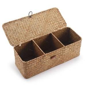 lot 3386 image: DECRAFTS Seagrass Storage Basket with Lid Rectangular Small Woven Shelf Baskets with Sections for Organize Snack Toys Tampon