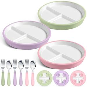lot 3389 image: Teenyyou 3 Pack 8 Large Porcelain Toddler Plates Feeding Set, Ceramic Kids Suction Plates with Anti Slip Silicone Sleeve for Baby 3 Spoons and Forks Divided Kids (Green,Pink,Purple)