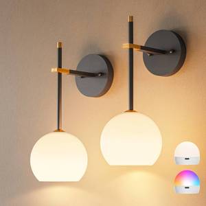 lot 3391 image: Black Gold Battery Operated Wall Sconces Set of 2, Rechargeable Wireless Wall Lights with Milky White Frosted Glass, 12 RGB and 3CCT Dimmable, Wall Lamps with Remote for Bedroom Living Room Hallway