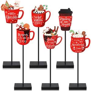 lot 4202 image: 6Pcs Christmas Hot Cocoa Car Sign Wooden Tabletop Decor Hot Chocolate Coffee Bar Supplies Xmas Wooden Tables Centerpiece Sign for Christmas Tiered Tray Winter Holiday Home Party Decorations
