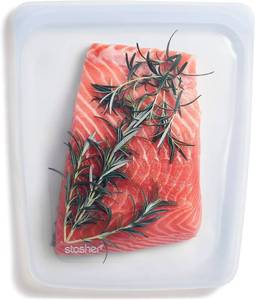 lot 4206 image: Stasher Silicone Reusable Storage Bag, Half Gallon Bag, Reusable Freezer Bag, Microwave, Dishwasher, Oven Safe, Sous Vide, Premium Lunch Container, Eco Friendly, Food Storage Bags, 64 oz, Clear