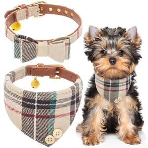 lot 4217 image: EXPAWLORER Dog Collar and Bandana Set - Classic Plaid Dog Bow Tie and Bandana Collar with PU Leather, Adjustable Collars for Small Medium Large Dogs Cats, Holiday Ideal Gift, Beige S