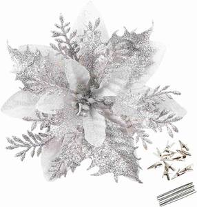 lot 4233 image: GREENTIME 12 Pcs Glitter Poinsettia 5.5 Artificial Flowers Christmas with Clips Stems Xmas Tree Ornaments for New Year Party Stairs Fireplace Porch Balcony Garden Church Wreath Decoration (Silver)