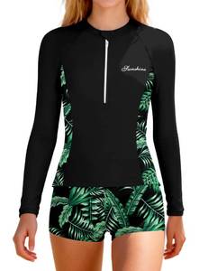lot 4234 image: Girls Rash Guard Swimsuit 10-12 Two Piece Set Long Sleeve Black Tropical Leaf Print Bathing Suit UPF Sun Protective Kids Girls Long Sleeve Swimsuit for Surfing & Beach