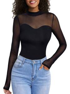 lot 4235 image: Womens Mesh Long Sleeve Tops - Mock Neck Sheer See Through Tee Top Casual Club Party T Shirts BlackC L