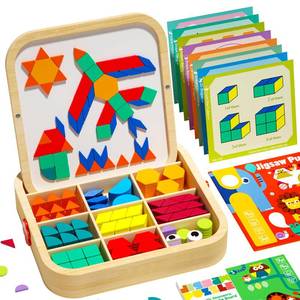 lot 5143 image: edutree Wooden Magnetic Pattern Blocks Set with Cards, 288 PCS Montessori Tangram Puzzle Learning Toys for Toddlers 4-8, Educational STEM Gift for Kids Boys Girls 4 5 6 7 8