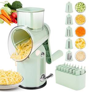 lot 5144 image: Rotary Cheese Grater with Handle Vegetable Shredder with 5 Interchangeable Blades, Kitchen Food Slicer and Chopper with Strong Suction Base for Fruit Vegetables Nuts with Blade Storage Box (Green)