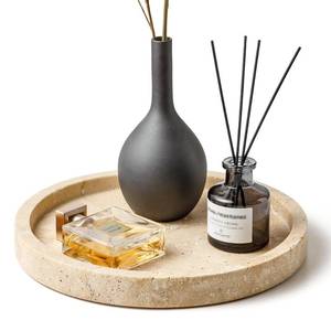 lot 5154 image: WORHE Natural Marble Vanity Tray for Bathroom Kitchen Dresser, Travertine Stone Decorative Trays for Jewelry, Perfume, Cosmetic, Candle, Round Countertop Storage Organizer for Home Decor Beige (WH019)