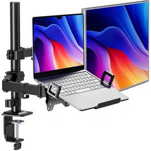 lot 5168 image: monTEK Monitor Mount and Laptop Stand for Desk, Adjustable Height Monitor Arm Fit up to 32 inch Screen and 17 inch Laptop, Hold up to 22lbs Weight, C-Clamp and Grommet