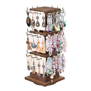 lot 5209 image: Ikee Design Elegant Wooden Rotating Jewelry Tower, 36 Hooks for Earrings, Bracelets, and Keychains, Versatile Countertop Rack for Store, Tradeshow, and Home, Brown Color