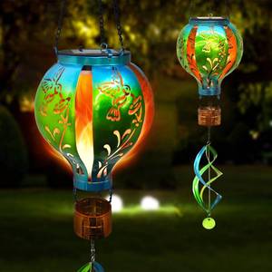 lot 5213 image: Hot Air Balloon Solar Lantern Hummingbird Wind Spinners with Flickering Flame Light Hanging Solar Lantern Outdoor Waterproof Decorations for Outside Patio Garden Yard