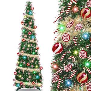 lot 5214 image: Timer 6 Ft Pop Up Christmas Tree with Lights, Green&Gold Tinsel Pencil Tree with 50 Multicolored Light Christmas Balls Lollipop Candy Cane Battery Operated for Home Holiday Xmas Party Indoor Decor