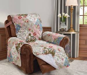 lot 5227 image: Brilliant Sunshine Peach and Olive Flowers Patchwork Quilted Recliner Slipcover, 26 Seat Width, Slip Resistant Furniture Protector, 2 Strap, Washable Reclining Chair Cover for Kids, Dogs,Peach Olive