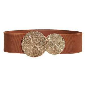 lot 6007 image: Weenkeey Womens Elastic Vintage Wide Waist Belt Stretchy Retro Cinch Belts Fashion Waistband with Gold Double Round Buckle for Dresses Coat - Brown