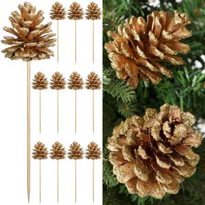 lot 15280 image: Thiccywoov 12 Pcs Gold Christmas Glitter Pine Cones Picks for Christmas Tree 3.15 Inches Pinecone with Wired Stem Artificial Xmas Tree Ornaments Decorations for Garland Wreath DIY Craft