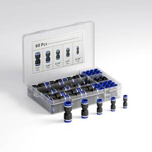 lot 16338 image: DMTVAL Union Straight Push-to-Connect Fittings Kit, OD 12, 532, 38, 516, 14, 12 Pcs per Size, Total 60 Pcs, for Pneumatic Air Tubing Systems