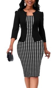 lot 16344 image: Womens Reto Bodycon Midi Dresses 34 Sleeve Teacher Church Wear to Work Modest Business Outfits Faux Blazer Suiting Pencil Dress L