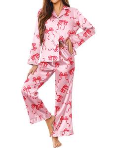 lot 16365 image: Ekouaer Silk Satin Pajamas Set Womens Long Sleepwear Button Down 2 Piece Classic Soft Loungewear Pjs Set Bow Large