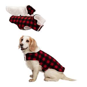 lot 16368 image: Furhaven Reversible Medium Dog Coat, Washable & Insulating w Leash Access - Sherpa & Plaid Fleece Flex-Fit Jacket - CreamRed, Medium