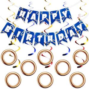 lot 6014 image: Epakh Blue Gold Birthday Banner with 8 Pcs Ring Hanging Swirl Decorations Cartoon Print Themed Happy Birthday Party Supplies for Family Celebrations Home Decor
