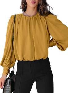 lot 6018 image: Dokotoo Womens Juniors Spring Fall Tops and Blouses for Women 2025 Summer Trendy T-Shirts Padded Shoulder Long Sleeve Tunic Tops Loose Work Business Dressy Tee Shirts Yellow Medium