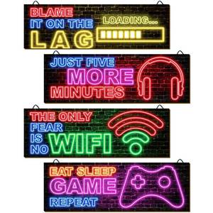 lot 6027 image: clothmile 4 Pcs Neon Gaming Decor for Boys Room Wooden Video Game Wall Art Motivational Quote Gamer Hanging Plaques Inspirational Wall Decor for Boys Kids Room Bedroom Playroom Decorations