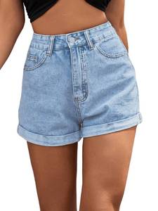 lot 6041 image: SweatyRocks Womens High Rise Roll Up Hem Straight Leg Denim Jean Shorts with Pocket Light Blue X-Small