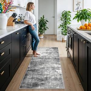 lot 6052 image: 2x6 Abstract Kitchen Runner Rug - Washable Non-Slip Hallway Bedroom Carpet Low Pile Laundry Entryway Rugs with Non Slip Rubber Backing Modern Home Decor Mat for Dining Room Bathroom (2x6 BlackGrey)
