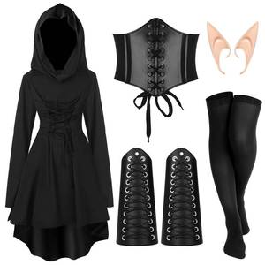 lot 6084 image: Jeyiour 5 Pcs Women Renaissance Fairy Costumes Set Medieval Hooded Robe Elf Ears Accessories for Halloween Cosplay (Black,Small)