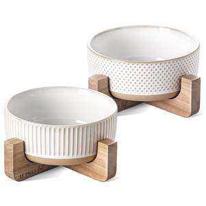 lot 1449 image: LE TAUCI PET Ceramic Dog Bowls for Medium Small Dogs - 4 Cup Medium Dog Food and Water Bowls with Wood Stand, Cute Pet Dishes Set of 2, LinesDot
