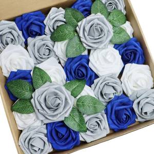 lot 1455 image: D-Seven 25pcs Artificial Flower White & Silver Gray & Royal Blue Roses with Stem for DIY Wedding Bouquets Floral Arrangements Wedding Flower Backdrop Bridal Shower Baby Shower Party Home Decor