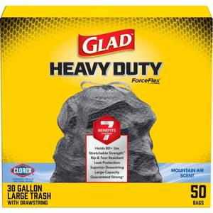 lot 1458 image: Glad Large Drawstring Trash Bags ForceFlex with Clorox  30 Gallon Black Trash Bags  Mountain Air 50 Count (Package May Vary)