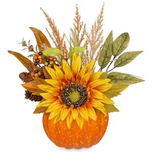 lot 1464 image: Artificial Pumpkin Floral Arrangement with Orange Sunflowers & Autumn Leaves �� Fall Table Centerpiece for Thanksgiving, Halloween & Harvest D�cor �� Rustic Farmhouse Pumpkin Autumn D�cor