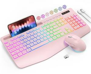 lot 1477 image: Wireless Keyboard and Mouse Combo, 9 Backlit Effects, Wrist Rest, Phone Holder, 2.4G Lag-Free Ergonomic Keyboards, Rechargeable Silent Cordless Set for Computer, Laptop, Mac, Windows -SABLUTE (Pink)