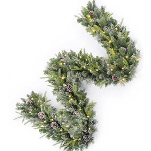 lot 1482 image: AMERZEST 9Ft Pre-Lit Christmas Garland, Plug in, Green, 50 White Lights, Fireplace Stairs Mantle Door Indoor Outdoor, Decorated Pine Cone and Snow Style