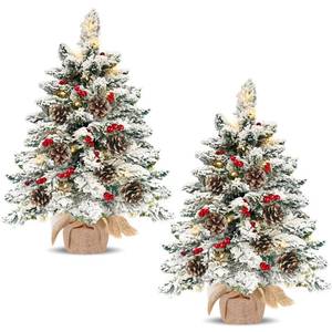 lot 1483 image: 2 Pack 242FT Thick Snow Flocked Tabletop Christmas Tree, Small Christmas Tree with 50 Lights Timer Battery Operated 70 Snowy Branches 24 Red Berries 8 Pinecones Burlap Base Xmas Decor Indoor Home