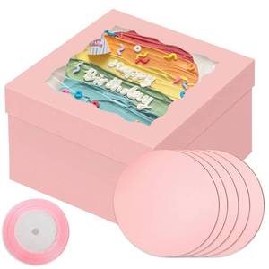 lot 1489 image: Bakepacker 12x12x8 Cake Box, 18 Sets Pink Cake Box with Window �� 18 Sets 12 Cake Round Boards, 12inch Cake Containers, 10 Meters Silk Ribbon